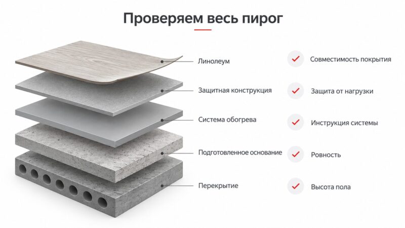 Схема проверки конструкции плёночного тёплого пола под линолеум